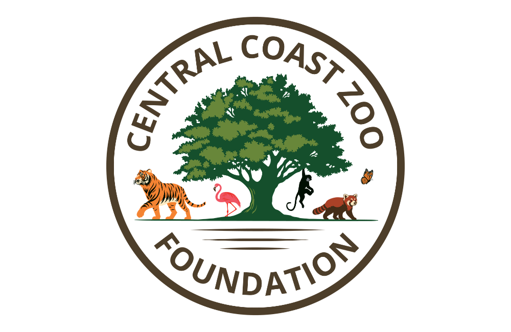 Central Coast Zoo (Atascadero, CA) logo featuring a central oak tree flanked by a tiger and flamingo on one side and a monkey, red panda, and butterfly on the other.